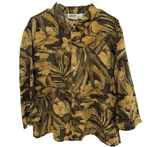 Chicos floral Linen Silk Blend Button Up women Shirt Size 3 Xlarge 14 brown chic